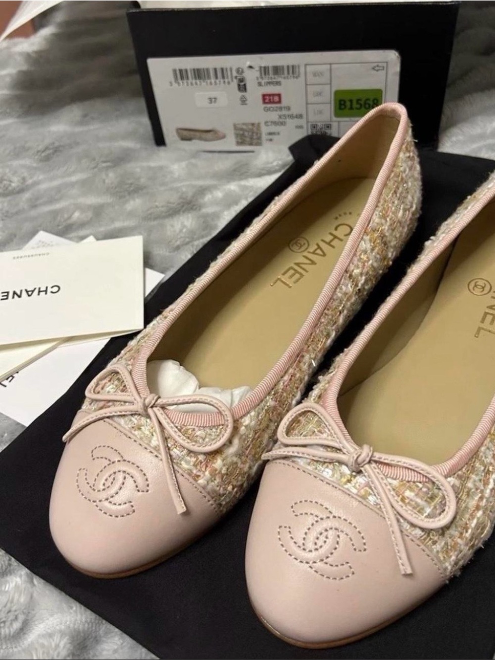*** SOLD ***CHANEL Pink Tweed & Leather Cap-Toe Ballet Flats